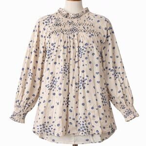 Free People Smocked Boho Floral Tunic Blouse Women’s Medium Blue Cream